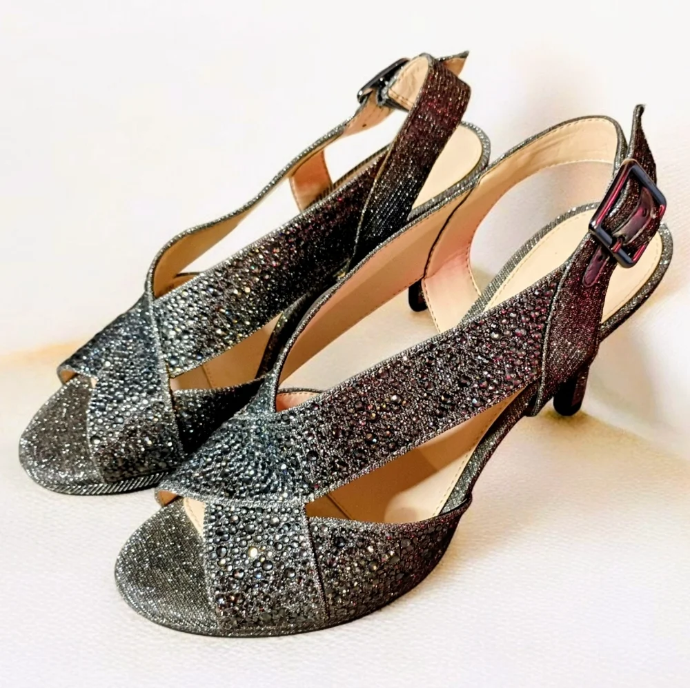 Alex Marie Silver Rhinestone Heels – Luxe Glam Elegant Slingback Open Toe 7.5 - Picture 3 of 10